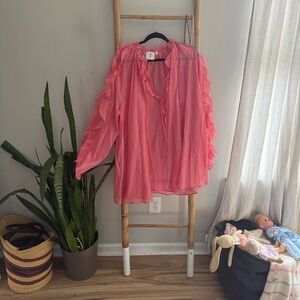 H&M Coral Pink Ruffle-Sleeve Sheer Blouse